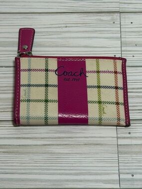 Coach Skinny Mini ID Case Wristlet Pink Plaid Card Holder Zip Wallet
